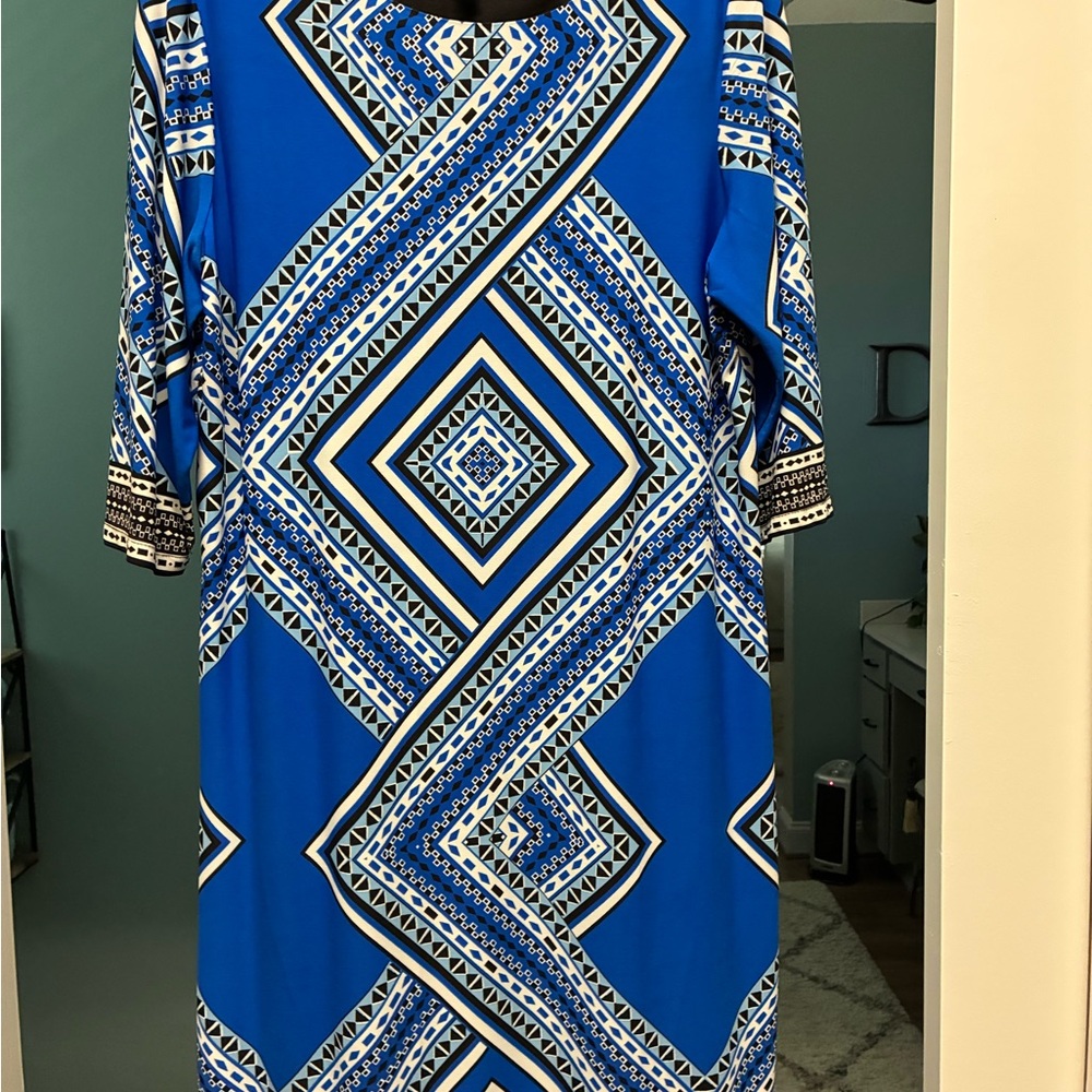 Elegant Blue Geometric Long Sleeve Dress